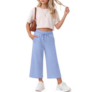 Halfchet Girls Capri Pants Wide Leg Sweatpants Baggy Cropped Pants Loose Fit Casual Basic Capris with Pockets for Ages 5-14(11-12 Years,Light Blue)