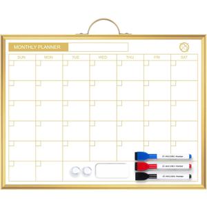 ARCOBIS Monthly Calendar Whiteboard - 12" x 16" Double-Sided Magnetic Dry Erase Board with Gold Frame - Portable Wall Hanging Planner for Home, Office, School