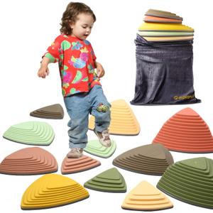 makarci Stepping Stones for Kids 12pcs Obstacle Courses Play Indoor Outdoor, Full Rubber Rim Plastic Hilltop for Kids Balance and Integration Improvement Age 3 4 5 6 7 8 +Forest, Medium
