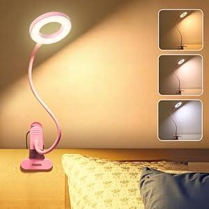 Skymore Desk Clip on Light, [3 Color Modes & 10 Brightness] LED Reading Light with Clamp, Flexible Gooseneck Book Light for Kids Reading Book in Bed, Headboard-Pink