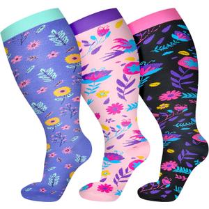 AuSletie 3 Pairs Plus Size Compression Socks for Women Wide Calf Extra Large Knee High Support for Travel, Yoga, Running，2XL
