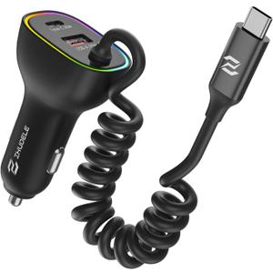 90W Car Charger, USB C Cigarette Lighter Adapter with 4FT Coiled Cable, PD 30W & QC3.0 Fast Charging, Compatible with iPhone 16/15 Series, Samsung Galaxy S24/S23/S22, iPad, Android Phones (Black)