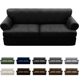 Pfrstuv 3-Pieces T Cushion Sofa Slipcovers Leather Look Couch Cover for 2 Cushion Couch Furniture Protector Stretch Sofa Cover with 2 Individual T Cushion Seat Covers Washable, Black