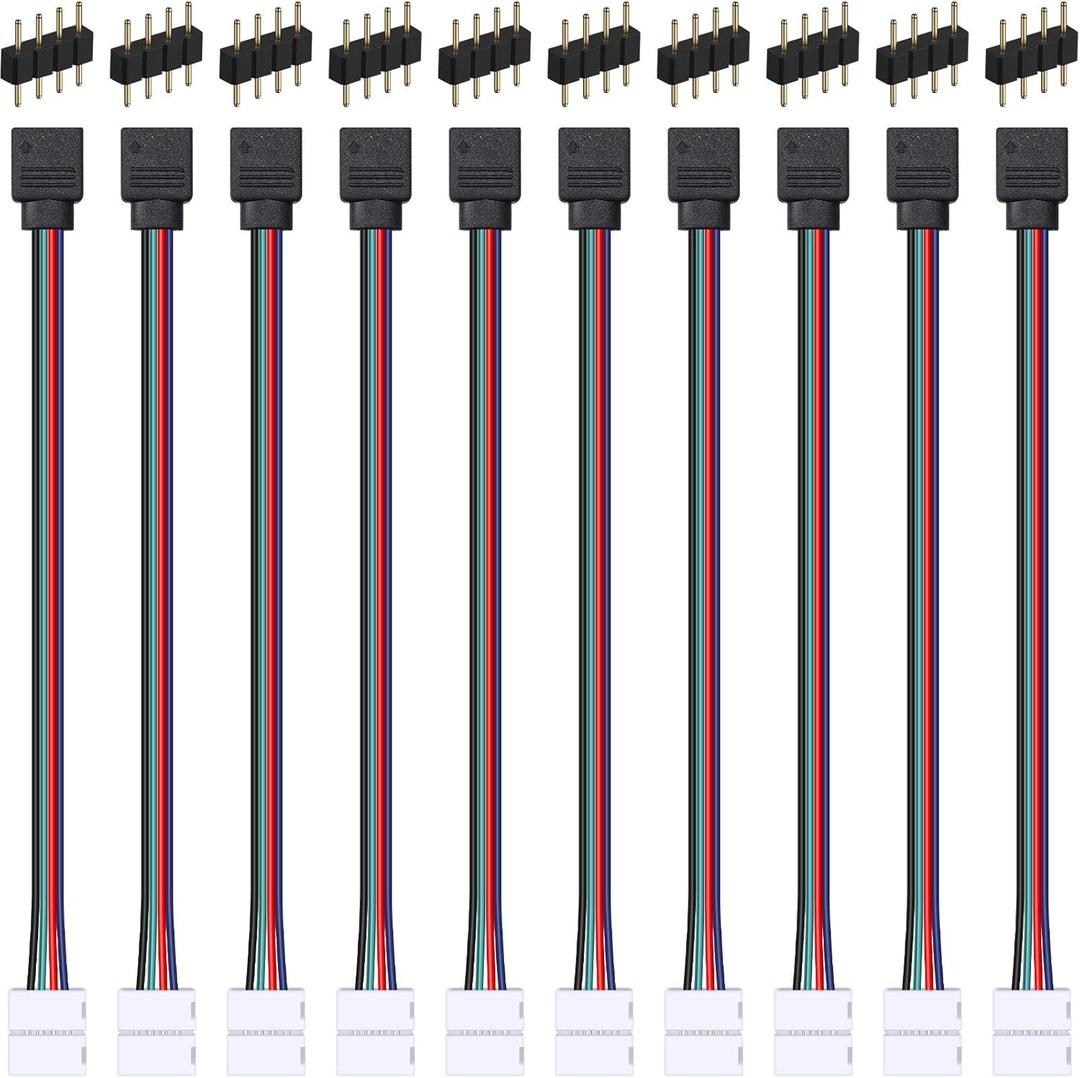 20 Pieces LED RGB Strip Light Connector Male and Female Connector Wire Cable 10 mm Wide Strip to Controller Adaptor with 10 Pieces Male 4 Pin Plugs for 5050 3528 RGB LED Light Strip