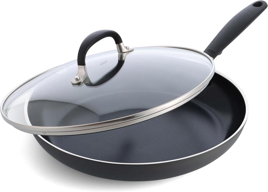 OXO 12 Non-Stick Every Day Frying Pan with Lid, BPA-Free Comfort Grip Silicone Handle, Dishwasher & Oven Safe, PFAS-Free Ceramic Skillet, Black
