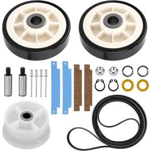 12001541 303373K Dryer Drum Roller & WP33002535 Belt & 306508 Tumbler Bearing & 6-3700340 Idler Pulley Kit for Maytag Neptun Atlantis MDE6000AYW MDE5500AYW MDE9206AYW MDE9706AYW MDE4000AYW