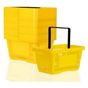 Only Hangers Plastic Shopping Baskets - Durable Yellow Plastic Set of Shopping Baskets with Stand and Sign - Set of 12 Plastic Baskets with Metal Handles