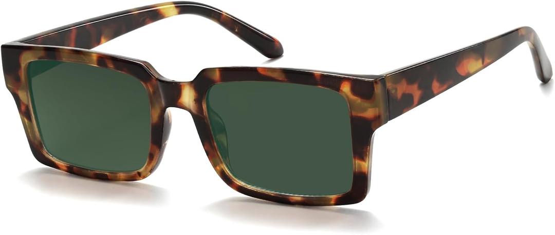 2 x IOHLNG Retro Vintage Sunglasses for Women Men Trendy Rectangle Sun Glasses UV Protection (Tortoise Shell Frames + Green Lens)