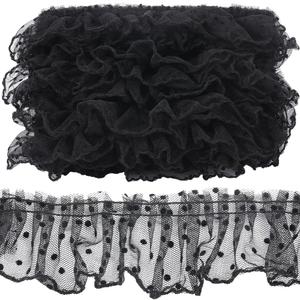 GORGECRAFT 11 Yards Ruffled Lace Trim 2.4 Inch Wide Wavelet Dot Pleated Embroidered Mesh Lace Edge Ribbon Fabric Wedding Dress Appliques Edging Trimmings for Handmade DIY Sewing Clothes Curtain, Black