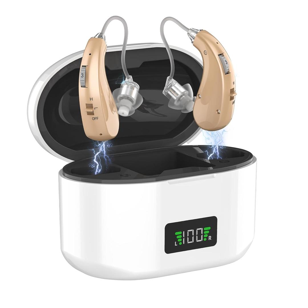 Hearing Aids, 16-Channel Digital Hearing Aids for Seniors, Rechargeable Hearing Aid for People with Hearing Loss, 4 Levels of Volume/Two Mode Noise Cancellation, Clear Sound and Easy to Use (White)