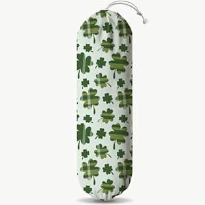 Wall Mount Plastic Bag Holder, Reusable Grocery Sack Organizer, Washable Cotton-Linen Storage, St. Patrick’s Day Green Clover with Stripes Design, Hanging Loop for Kitchen Pantry Decor