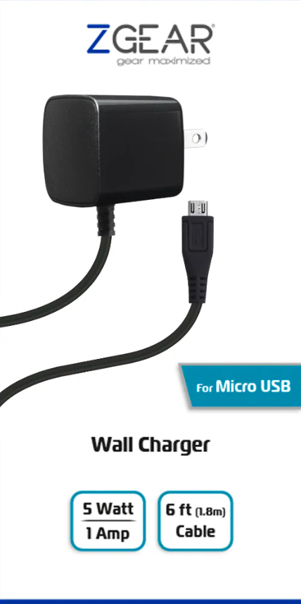 DI ZGEAR 1A MICRO USB WALL CHARGER 6'