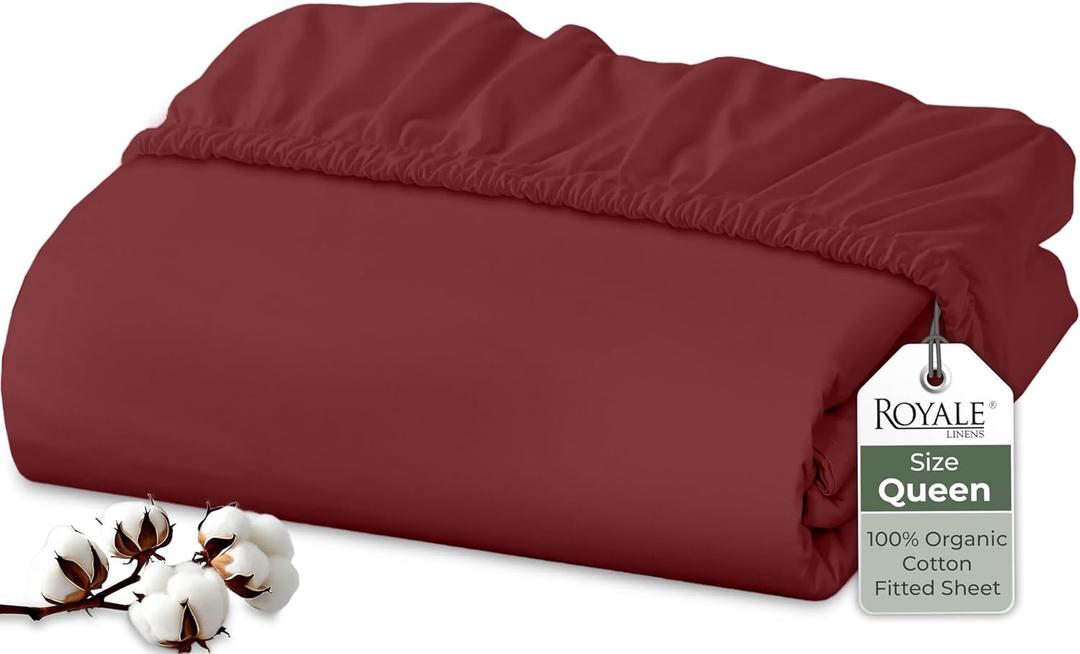 Royale Linens 100% Organic Cotton Fitted Sheet - Percale Weave - Super Soft Deep Pocket Bottom Sheets - Elastic Sheet Queen Size - Queen Fitted Sheets Only - (60"x80"+15", Red)