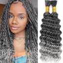 Grey Braiding Hair Deep Wave Bulk Hair for Braiding, No Weft Curly Braiding Hair Extensions for Boho Braids Wet and Wavy Bohemian Braiding Bundles Hair Extensions (18 Inch, 200G, 1B / Gray)