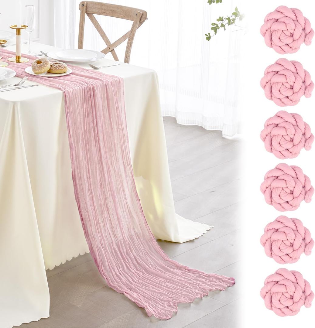 Nialnant 6 Pcs Light Pink Cheesecloth Table Runner,10Ft Pink Table Runners for Wedding Bridal Shower, Holiday Birthday Party