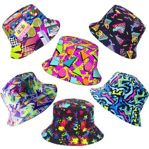 6 Pack Retro 80s 90s Bucket Hats for Men Women, Funny Retro Party Hats, Vintage Print Fisherman Hats for Disco Hip hop Party, Unisex Reversible Portable Hat Outdoor Fashion Sun Cap Colorful
