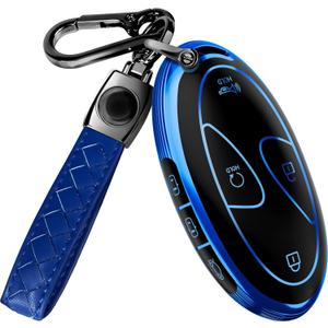 Lucrum Compatible with Hyundai Key Fob Cover & Leather Keychain, Keyfob Case for Santa Fe, Sonata, Tucson, Grandeur, Ioniq 6, KONA, Elantra - For 7 Button Remote (2022-2025) - Black and Blue