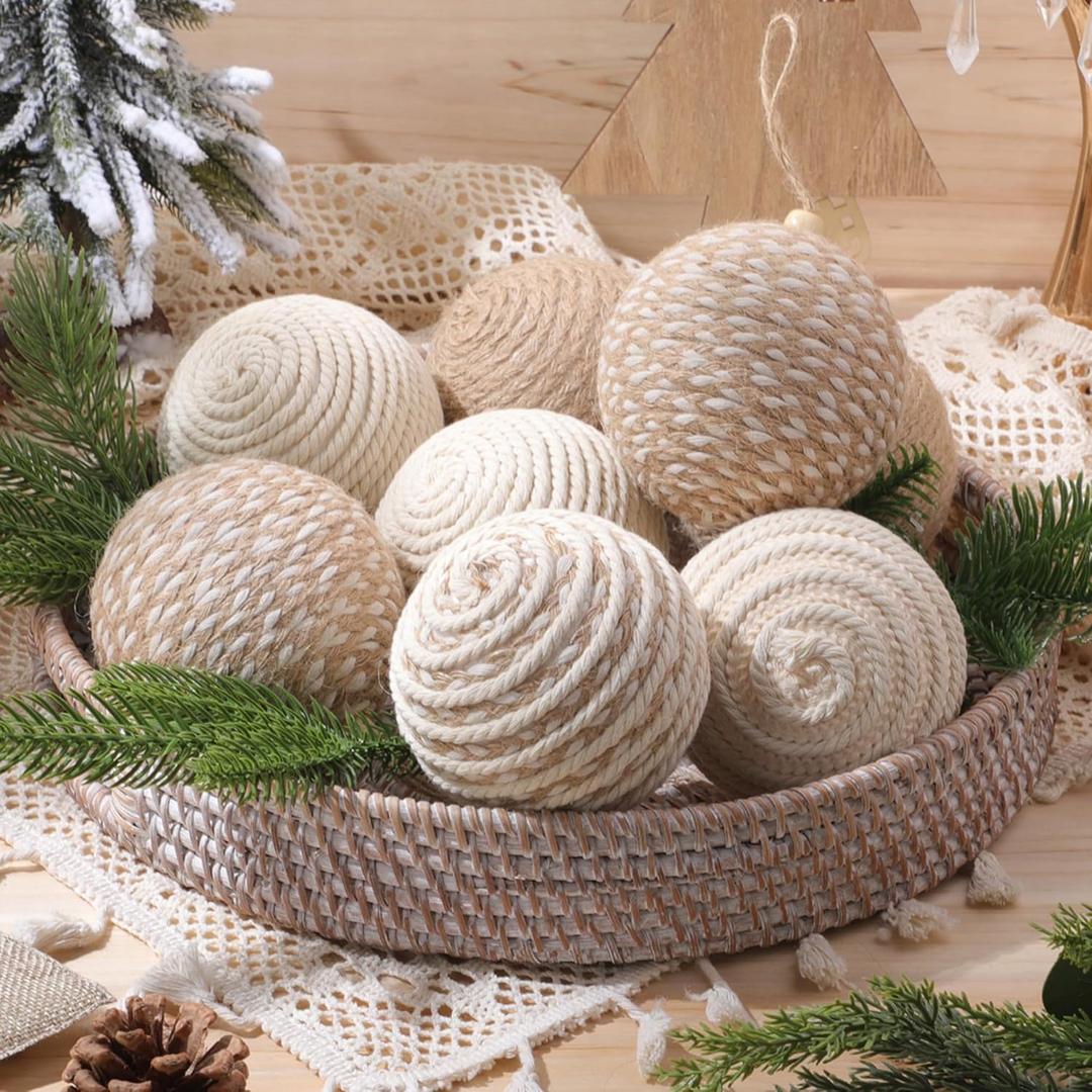 12 Pcs Large Christmas Ball Ornaments Boho Farmhouse Jute Rope Balls Burlap Neutral Rustic Ornaments for Xmas Tree Wreath Garland Holiday Wedding Home (Classic,3.15 Inch)