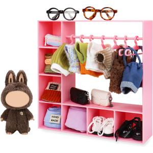 Doll Clothes Closet/Wardrobe Large Plus 10 Hangers, Doll Accessories Display Box, Clothes Storage for Figures, Portable Storage for Fashion Doll Clothes, Gift (Pink)