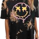 Avanova Women Tie Dye Oversized T Shirts Smiley Face Graphic Tees Short Sleeve Loose Fit Tops Tie Dye Brown W XX-Large (XXL)