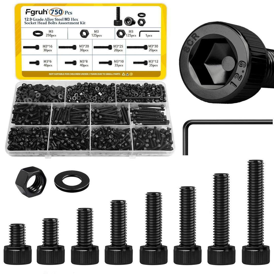 750PCS M3 Screws Assortment Kit, M3x6/8/10/12/16/20/25/30 mm Hex Socket Head Bolts, Nuts & Washers Assorted Set - 12.9 Alloy Steel Black Zinc Plated M3 Screw for 3D Printer,DIY