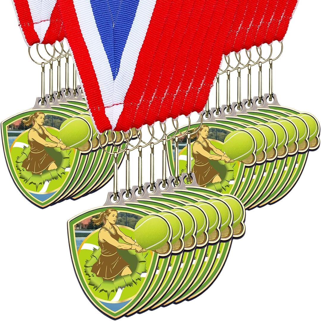 Remuuly Award Medals Bulk Soccer Football Basketball Tennis Cheer Metal Winner Award Medals 3.35'' Shield Shape with Neck Ribbons Sport Team Participation Prize Gift