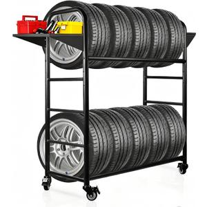 Tire Rack, 59 x 57 x 20 Inches Garage Tire Storage Stand with Storage Tray 218KG/480LBS Capacity, 2 Storage Shelf & 4 Swivel Casters Rolling Tire Storage Rack, Black