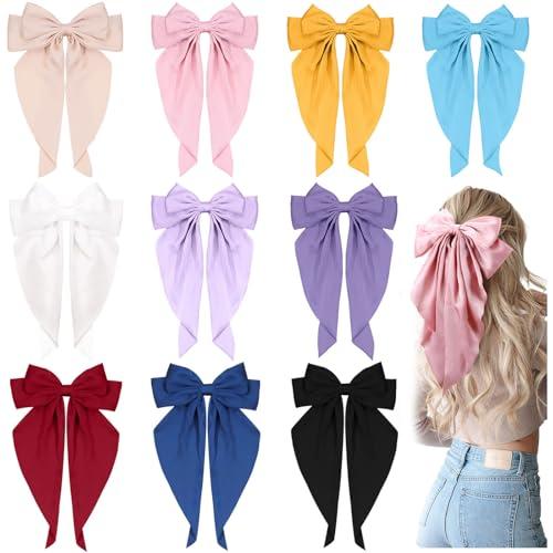 10 PCS Large Hair Ribbon Barrettes with Long Tails for Women & Girls, TOKUFAGU Vintage French Hair Accessories - Bow Clips in 10 Colors (Set A)