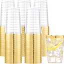 I00000 100PCS Gold Plastic Cups,10 oz Clear Plastic Cups with Gold Trim, Beer Mugs，Disposable Hard Cup For Party, Premium Cup Perfect for Wedding & Party