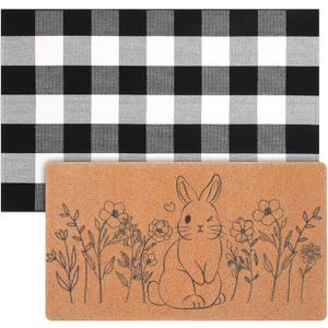 Nuanchu 2 Pcs Easter Coir Doormats Combo Outdoor Floral Bunny Welcome Mats Layered Buffalo Plaid Front Door Rugs Non Slip Floor Mats for Easter Spring Porch Entryway Indoor Outdoor Decor (29x17inches, 43x28 inches)