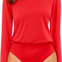 MANGOPOP Women's Body Suits Round Neck Loose Fit Satin Blouse Long Sleeve Bodysuit Tops (M)