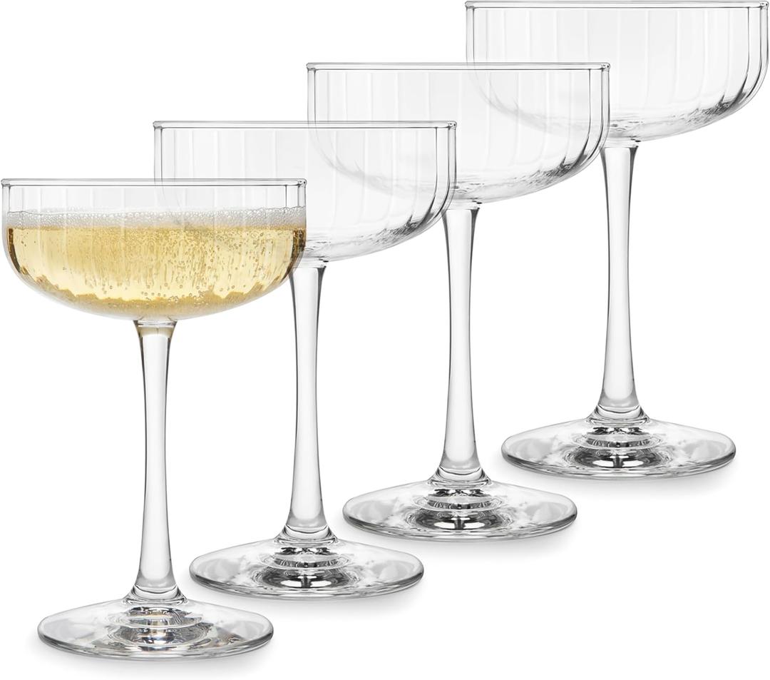 Libbey Paneled Cocktail Coupe Glasses, 8.5 Oz Stemmed, Fine Ribbed Line Coupe Glass Set of 4, Dishwasher Safe Cocktail Martini Glasses