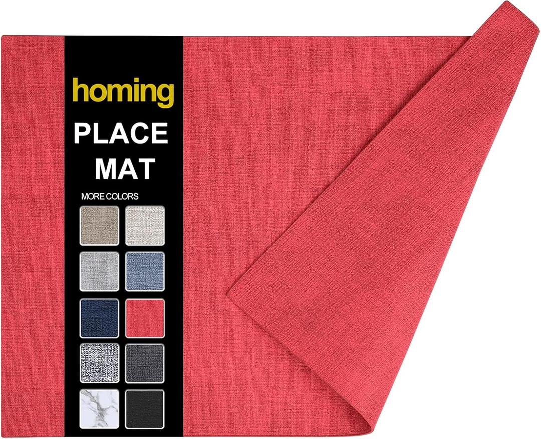 homing Faux Leather Heat Resistant Placemats 6 Packs, Waterproof Wipeable Dining PU Place Mats for Indoor & Outdoor, Easy to Clean, Red (11.8" x 17", Rectangular 6 PCs)