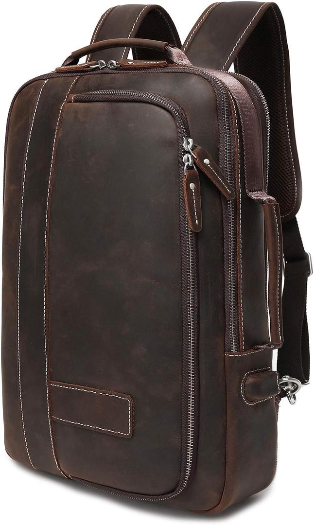 LANNSYNE Men's Full Grain Leather Expandable 15.6 Laptop Backpack Tote Shoulder Travel Bag Rucksack (Brown)