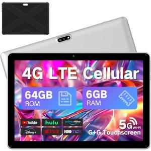 Tablet 10.1 inch Android Tablets, 2025 Cellular Tablets with SIM Card Slot, 4G LTE Tablet & Phone (Makes Calls), 64GB Storage (Expand to 1TB), Dual Cameras 8H Battery 5G WiFi with Case (Silver)
