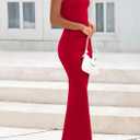 PRETTYGARDEN Women's Summer Wedding Guest Dresses 2025 Sleeveless Ruched Bodycon Fitted Maxi Long Cocktail Dress with Slit (Red)