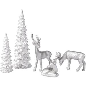 DN DECONATION Christmas Decoration Reindeer and Tree Figurines  Xmas Reindeer with White & Silver Tree Statues Decor  Resin Christmas Village for Winter Table Mantle Decor Set of 5