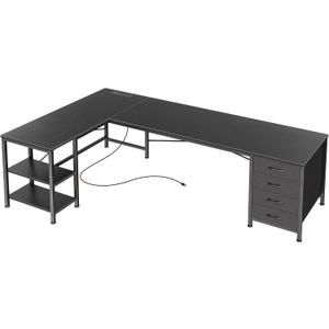 Huuger 63 Inch L Shaped Desk with Fabric Drawers, Reversible Computer Gaming Desk with Power Outlets and USB-C Port, Adjustable Side Storage Shelves, for Work Study Corner Home Office, Black