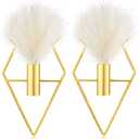 Peryiter 2 Pcs Boho Wall Decor Metal Gold Wall Art Hanging Planters with Artificial Pampas Modern Home Decor Display Art for Living Room Bedroom Bathroom(Rhombus)