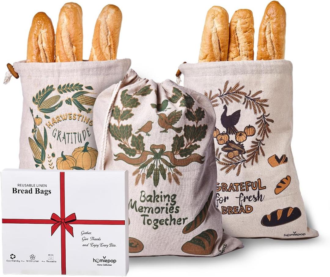 Bread Bags for Homemade Bread  3Pcs Linen Reusable Bread Bags with Drawstring Closure  Festive Thanksgiving Design 17 x 13 Inch Sourdough Bag in Ready to Gift Packaging Box