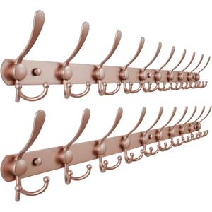 Dseap Coat Rack Wall Mount - 38 Long 10-Tri-Hooks Heavy Duty Coat Hanger Rail Wall Hooks for Hanging Coats Hats Clothing Clothes Purse Mudroom Entryway, Rose Gold, Pack of 2