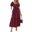 PRETTYGARDEN Womens Summer Dresses 2025 Casual Boho Floral Puff Short Sleeve Flowy Maxi Dress Smocked V Neck Sun Dresses (Black Red, Small)