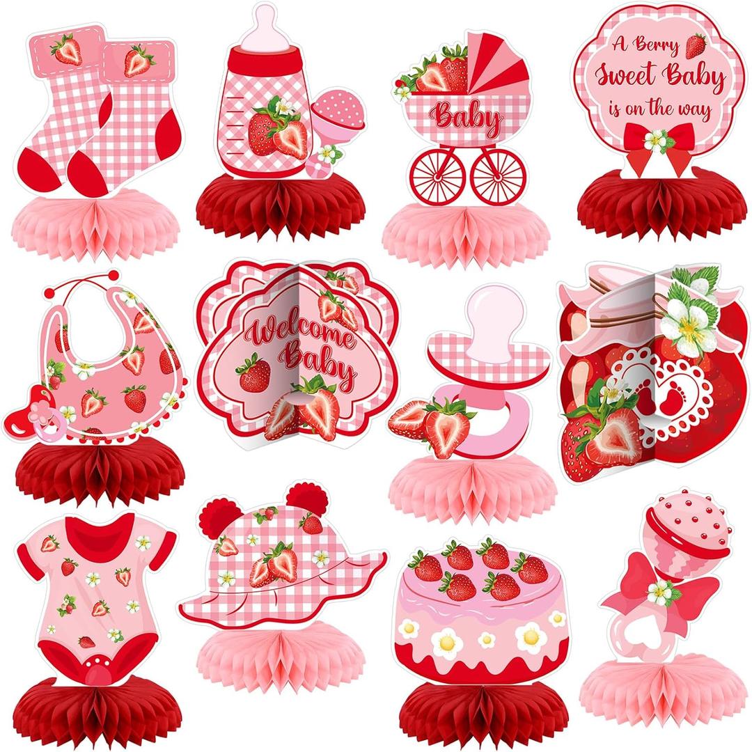 12 Pcs Strawberry Baby Shower Decoration Strawberry Honeycomb Centerpiece a Berry Sweet Baby Is on the Way Table Topper 3D Double Sided Table Decoration for Birthday Baby Shower Party Favors