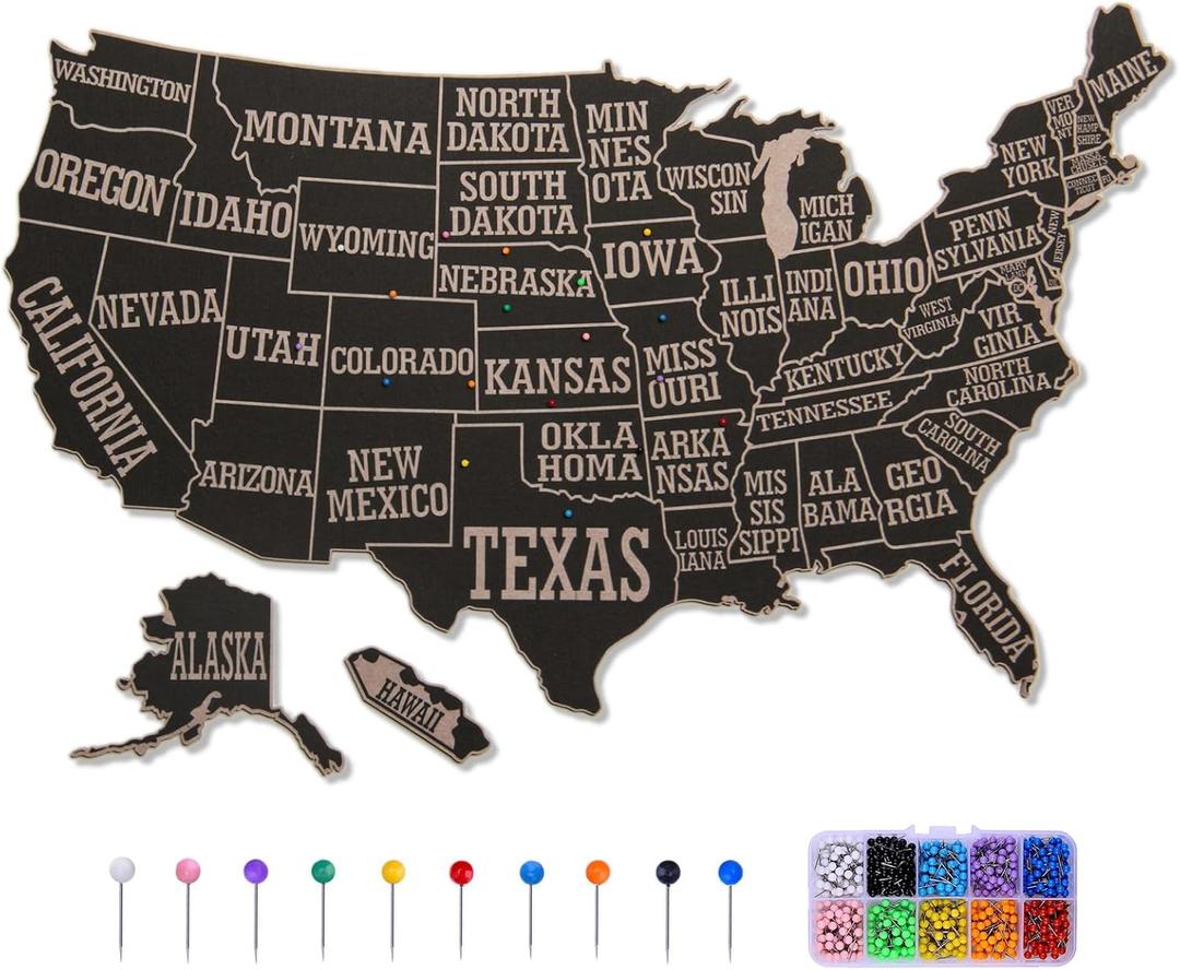 USA Travel Map with Pins, 17x27 Inch Push Pin United States Map for Travel Tracking, States Visited Tracker & Bulletin Board, Pin Board for Wall, RV and Home Decor