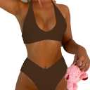 Women's Sexy High Leg Triangle Halter Bikini Set Padded Cup Bikini Cheeky Swimsuit V Cut Thong Bathing Suit (Medium, Brown)