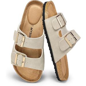 Womens Flat Sandals Cork Footbed Slides 2 Straps Adjustable Buckle Slip On Summer with +Comfort Shoes, Size 5