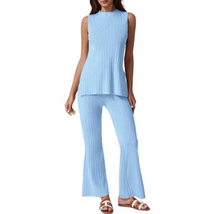 QINSEN Lounge Sets for Women Two Piece Outfits Knit Sleeveless Vented Hemline Tops Wide Leg Pants Sweater Sets (Small, Light Blue)