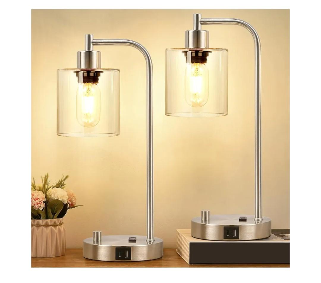 Set of 2 Industrial Table Lamps with USB C+A Ports and Outlet, Brushed Nickle Fully Stepless Dimmable Bedside Lamps, Nightstand Lamp with Clear Glass Shade for Bedroom Living Room 2 LED Bulb Included