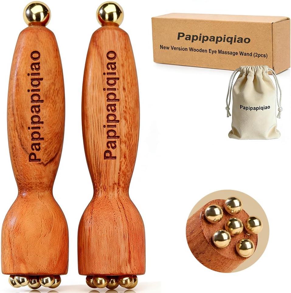 2Pcs Facial Massage Tool for Eye Massage Reduce Puffiness and Dark Circles Facial Meridian Brush Rosewood Handle Copper Massage Beads Chinese SPA Gua Sha Tool (Rosewood) (Cognac Brown)