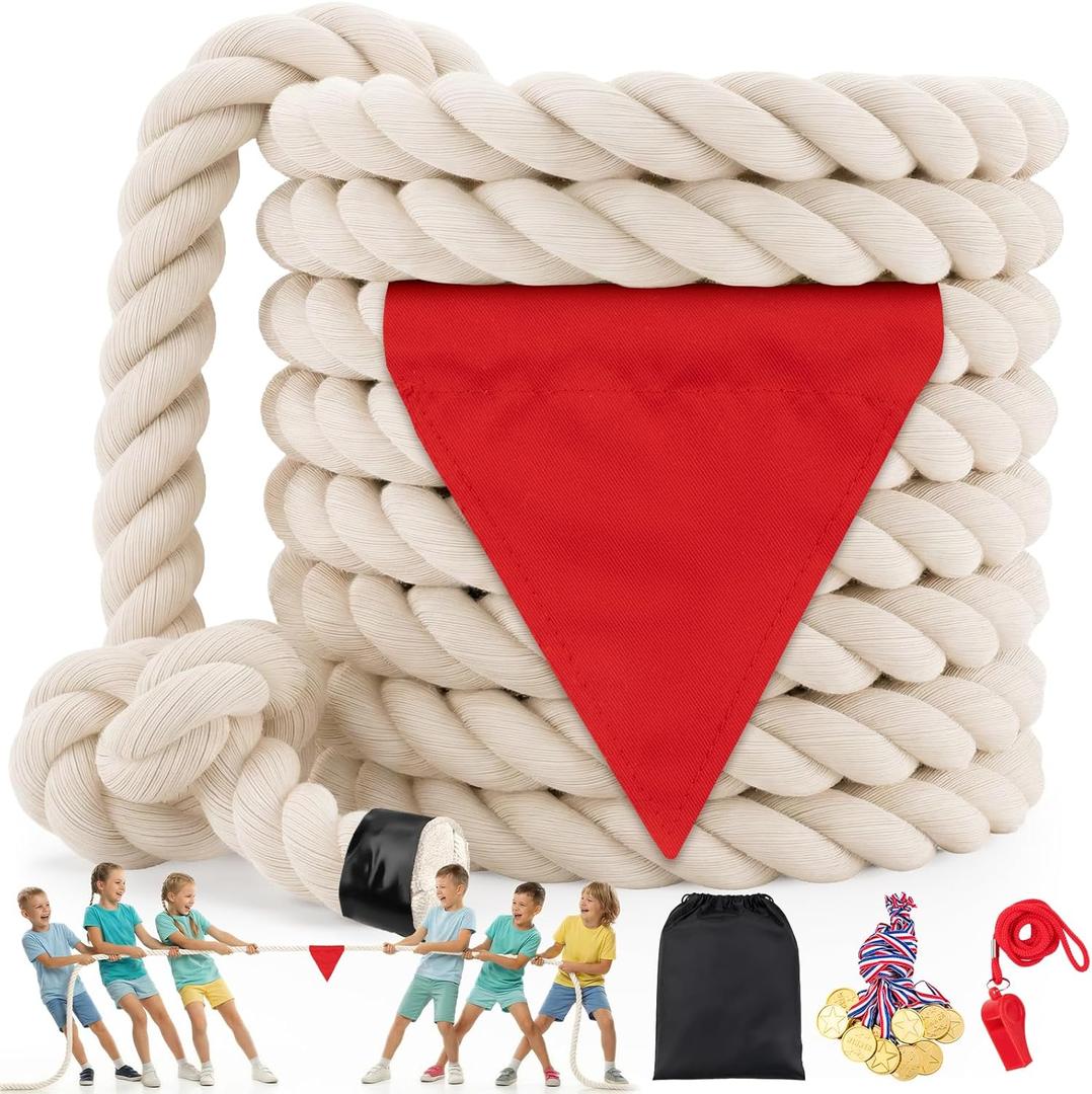 Tug of War Rope for Kids & Adults - 20ft Soft Cotton Outdoor Pulling Rope with Flag for Team Building Activities Field Day Family Reunions Birthday Parties Camping Games- Beige